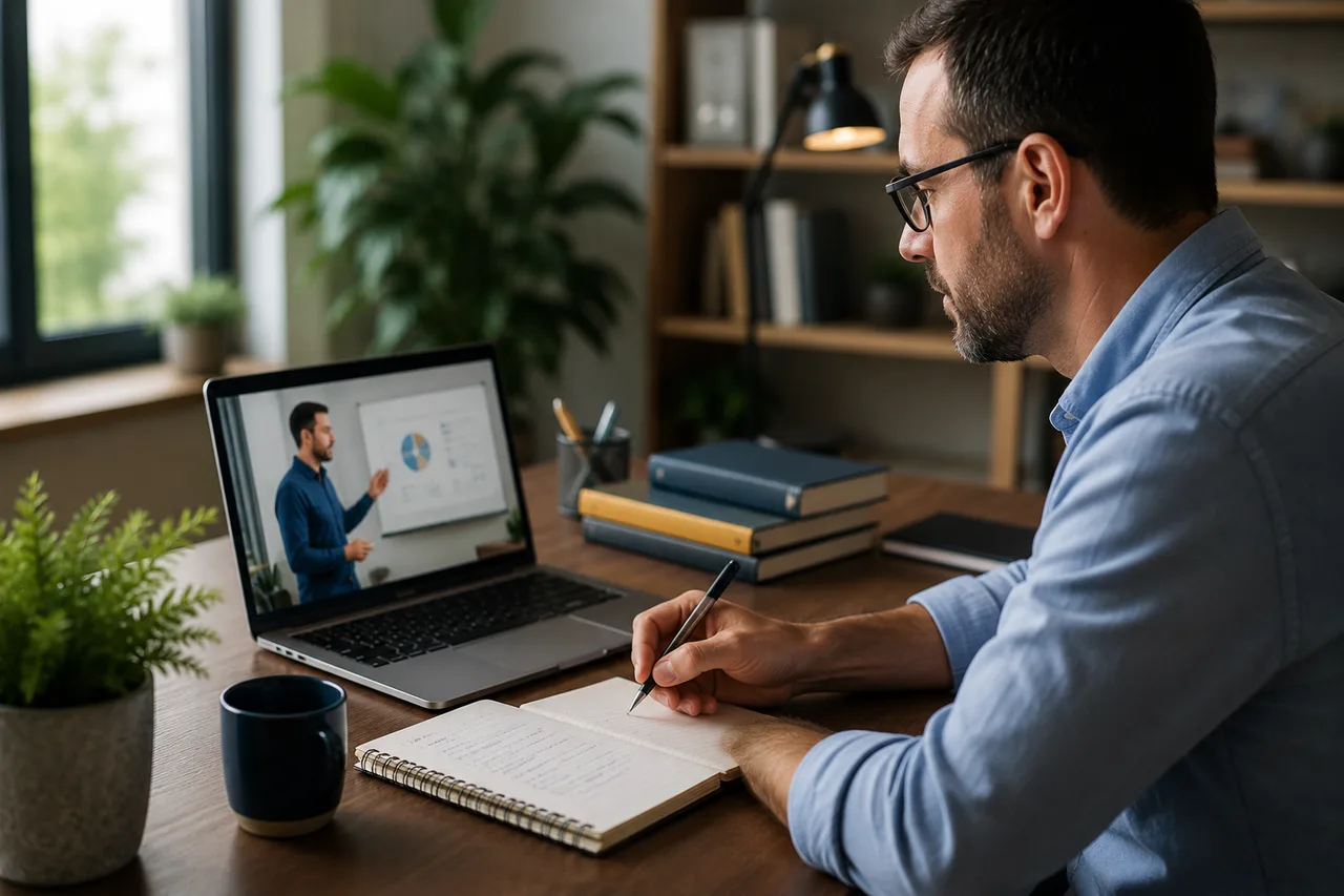 Alumno realizando formaci&oacute;n online desde un entorno profesional